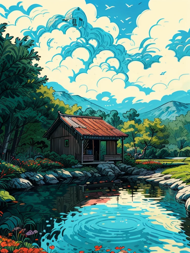 uma cabana cercada por árvores, arte de linha, pretty céu, cart, sombra, sombra, outono, Estilo Ghibli, Flores, pedra, lago, reflexão, sem humanos, cenário, ao ar livre, céu, Nuvem, prédio, Sinal, casa, janela, plantar, Nuvemy céu, arbusto, pôr do sol, obra de arte, Alta resolução 