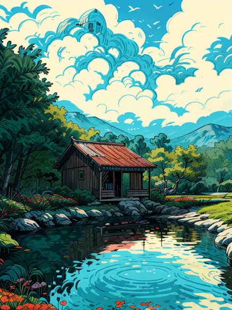 a hut surrounded by trees, line art, pretty sky, cart, shadow, shade, fall season, ghibli style, flowers, stone, lake, reflectio...