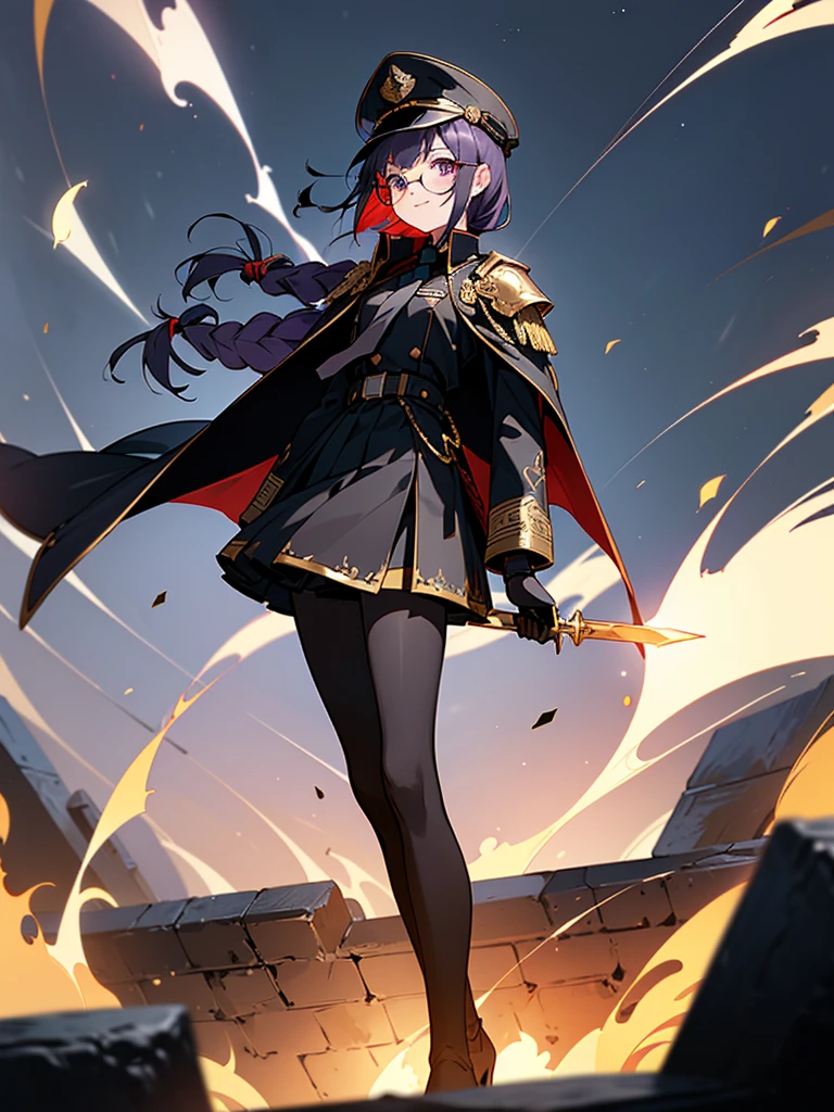 realisitic, City Deserted, Pile of rubble, Brick building, a one woman (1, far away blackw hair, far away slits, Eyes red, glare eyes, Exquisite face, standing (In floor, feet shoulder-width apart), Lolita style military uniform (blackw base, Red Insert, golden decoration, ruffles, wide sleeves, dainty and delicate detailing armors), blackw far away gloves (blackw, Red Insert, golden decoration, small hands, armors), blackw far away gloves, knee high boots (blackw, high-heels, red soles), ha (blackw, golden aba, shield emblem, delicate details), arms in front, Front of belly, Holding military swords with both hands (blackw, golden decoration, delicate detail, Handle at the top, Ground-facing blade, in front of the body, far away), night sky (blackw, stars, Increased flames and smoke) Pale painting style, One Girl, super high quality, Super Detail, Super Detailed image, long hair, looking at viewer, skirt, shirt, Hair Ornament], violet eyes, gloves, round glasses, long sleeves, hat, closed mouth, jacket, violet hair, braid, open clothes, necktie, black gloves, black skirt, uniform, single braid, open jacket, black jacket, black headwear, Bracelet, Peaked cap, black necktie, cropped jacket, military hat, pantyhose, Flat Chest, smile, Black Cape