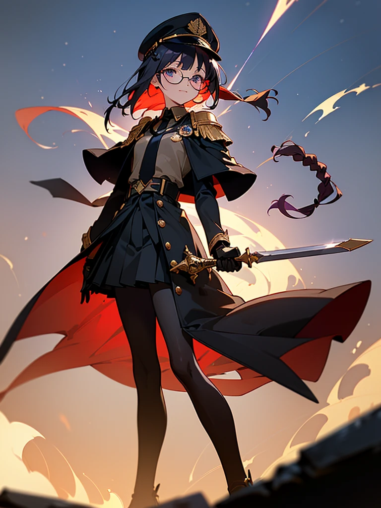 realisitic, City Deserted, Pile of rubble, Brick building, a one woman (1, far away blackw hair, far away slits, Eyes red, glare eyes, Exquisite face, standing (In floor, feet shoulder-width apart), Lolita style military uniform (blackw base, Red Insert, golden decoration, ruffles, wide sleeves, dainty and delicate detailing armors), blackw far away gloves (blackw, Red Insert, golden decoration, small hands, armors), blackw far away gloves, knee high boots (blackw, high-heels, red soles), ha (blackw, golden aba, shield emblem, delicate details), arms in front, Front of belly, Holding military swords with both hands (blackw, golden decoration, delicate detail, Handle at the top, Ground-facing blade, in front of the body, far away), night sky (blackw, stars, Increased flames and smoke) Pale painting style, One Girl, super high quality, Super Detail, Super Detailed image, long hair, looking at viewer, skirt, shirt, Hair Ornament], violet eyes, gloves, round glasses, long sleeves, hat, closed mouth, jacket, violet hair, braid, open clothes, necktie, black gloves, black skirt, uniform, single braid, open jacket, black jacket, black headwear, Bracelet, Peaked cap, black necktie, cropped jacket, military hat, pantyhose, Flat Chest, smile, Black Cape