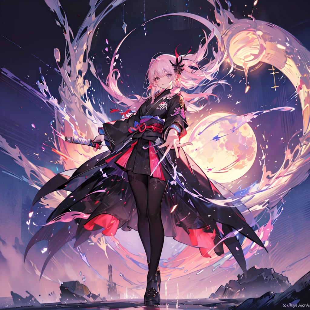 (White heir Shot heir Whole body)
((Japanese Sword))
Death Clothes Dress 
((Grim Reaper A Girl))

(Standing on a Rock)
Eyes color Neon Pink
Shiny earrings　Bathed in light  
Fire Aura  
(((Big Fullmoon )))
Catch the wind Ligh