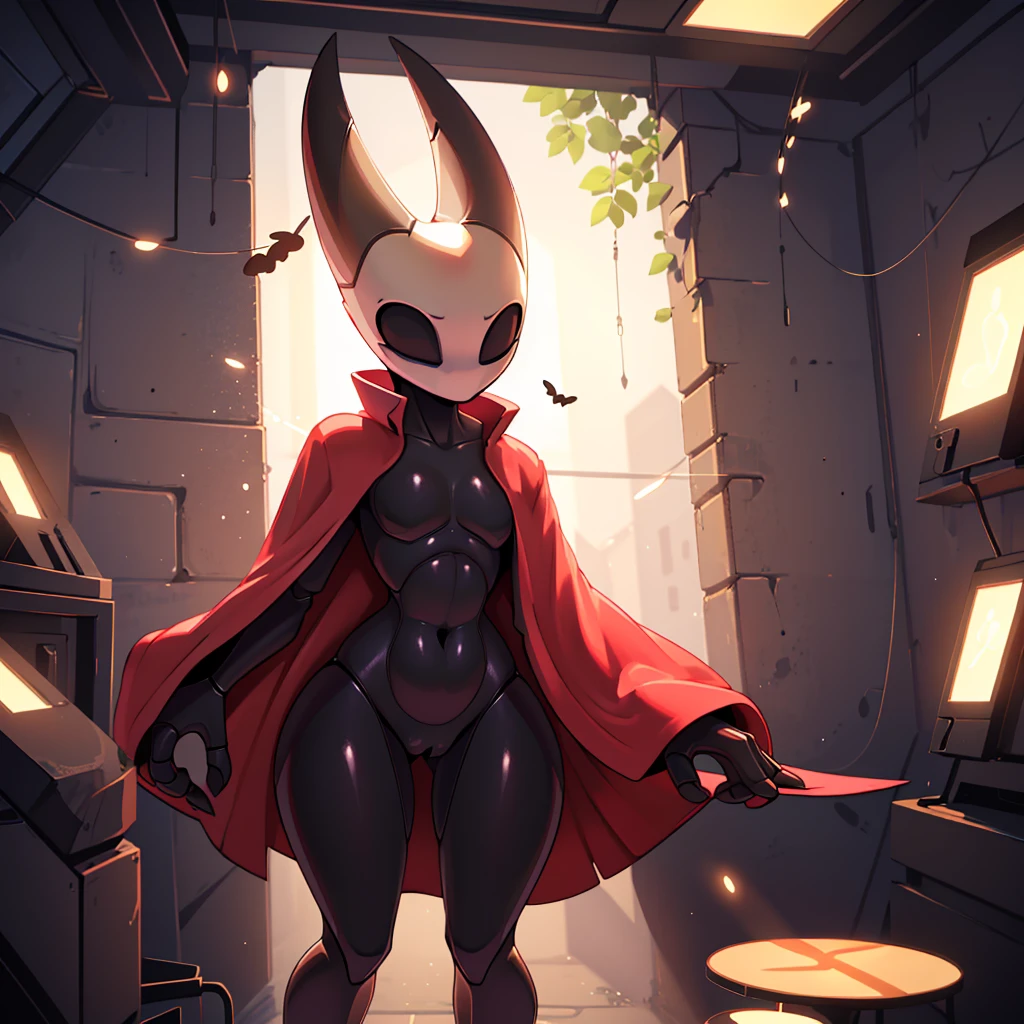 (masterpiece), ((perfect anatomy)), (high Res), (4k), hornet, ((insectoid)), ((segmented body)), ((insect body parts)), black body, (white head), 3 fingers(index, middle and thumps), flat chest, wide hips, (((closed hornet's red coat))), (((solo))), narrow waist, (cute artstyle)