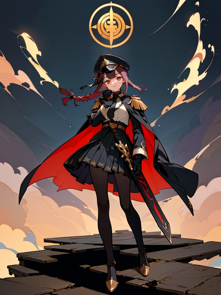 realisitic, City Deserted, Pile of rubble, Brick building, a one woman (1, far away blackw hair, far away slits, Eyes red, glare eyes, Exquisite face, standing (In floor, feet shoulder-width apart), Lolita style military uniform (blackw base, Red Insert, golden decoration, ruffles, wide sleeves, dainty and delicate detailing armors), blackw far away gloves (blackw, Red Insert, golden decoration, small hands, armors), blackw far away gloves, knee high boots (blackw, high-heels, red soles), ha (blackw, golden aba, shield emblem, delicate details), arms in front, Front of belly, Holding military swords with both hands (blackw, golden decoration, delicate detail, Handle at the top, Ground-facing blade, in front of the body, far away), night sky (blackw, stars, Increased flames and smoke) Pale painting style, One Girl, super high quality, Super Detail, Super Detailed image, long hair, looking at viewer, skirt, shirt, Hair Ornament], violet eyes, gloves, round glasses, long sleeves, hat, closed mouth, jacket, violet hair, braid, open clothes, necktie, black gloves, black skirt, uniform, single braid, open jacket, black jacket, black headwear, Bracelet, Peaked cap, black necktie, cropped jacket, military hat, pantyhose, Flat Chest, smile, Black Cape