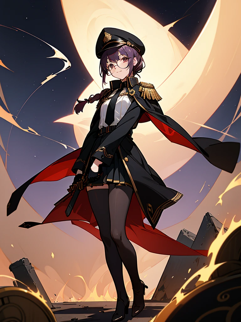 realisitic, City Deserted, Pile of rubble, Brick building, a one woman (1, far away blackw hair, far away slits, Eyes red, glare eyes, Exquisite face, standing (In floor, feet shoulder-width apart), Lolita style military uniform (blackw base, Red Insert, golden decoration, ruffles, wide sleeves, dainty and delicate detailing armors), blackw far away gloves (blackw, Red Insert, golden decoration, small hands, armors), blackw far away gloves, knee high boots (blackw, high-heels, red soles), ha (blackw, golden aba, shield emblem, delicate details), arms in front, Front of belly, Holding military swords with both hands (blackw, golden decoration, delicate detail, Handle at the top, Ground-facing blade, in front of the body, far away), night sky (blackw, stars, Increased flames and smoke) Pale painting style, One Girl, super high quality, Super Detail, Super Detailed image, long hair, looking at viewer, skirt, shirt, Hair Ornament], violet eyes, gloves, round glasses, long sleeves, hat, closed mouth, jacket, violet hair, braid, open clothes, necktie, black gloves, black skirt, uniform, single braid, open jacket, black jacket, black headwear, Bracelet, Peaked cap, black necktie, cropped jacket, military hat, pantyhose, Flat Chest, smile, Black Cape