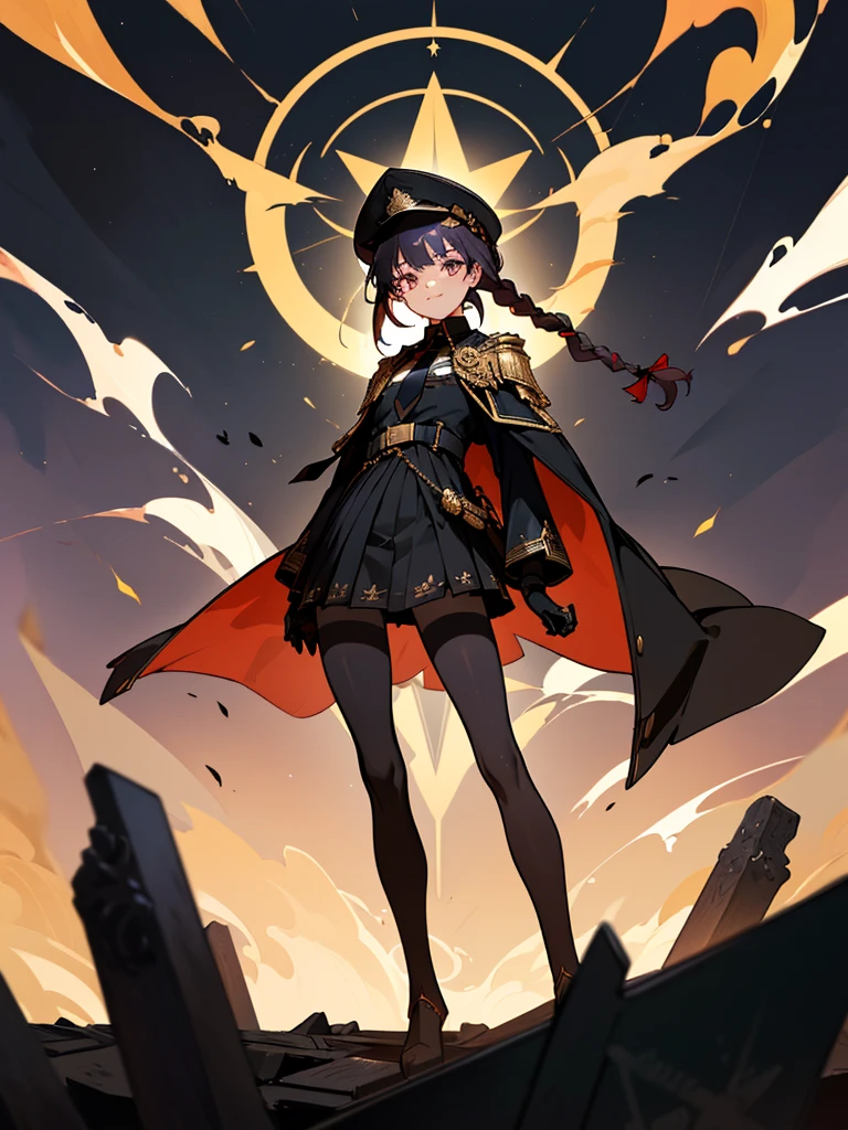 realisitic, City Deserted, Pile of rubble, Brick building, a one woman (1, far away blackw hair, far away slits, Eyes red, glare eyes, Exquisite face, standing (In floor, feet shoulder-width apart), Lolita style military uniform (blackw base, Red Insert, golden decoration, ruffles, wide sleeves, dainty and delicate detailing armors), blackw far away gloves (blackw, Red Insert, golden decoration, small hands, armors), blackw far away gloves, knee high boots (blackw, high-heels, red soles), ha (blackw, golden aba, shield emblem, delicate details), arms in front, Front of belly, Holding military swords with both hands (blackw, golden decoration, delicate detail, Handle at the top, Ground-facing blade, in front of the body, far away), night sky (blackw, stars, Increased flames and smoke) Pale painting style, One Girl, super high quality, Super Detail, Super Detailed image, long hair, looking at viewer, skirt, shirt, Hair Ornament], violet eyes, gloves, round glasses, long sleeves, hat, closed mouth, jacket, violet hair, braid, open clothes, necktie, black gloves, black skirt, uniform, single braid, open jacket, black jacket, black headwear, Bracelet, Peaked cap, black necktie, cropped jacket, military hat, pantyhose, Flat Chest, smile, Black Cape