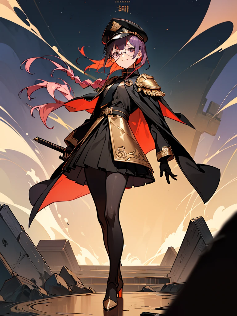 realisitic, City Deserted, Pile of rubble, Brick building, a one woman (1, far away blackw hair, far away slits, Eyes red, glare eyes, Exquisite face, standing (In floor, feet shoulder-width apart), Lolita style military uniform (blackw base, Red Insert, golden decoration, ruffles, wide sleeves, dainty and delicate detailing armors), blackw far away gloves (blackw, Red Insert, golden decoration, small hands, armors), blackw far away gloves, knee high boots (blackw, high-heels, red soles), ha (blackw, golden aba, shield emblem, delicate details), arms in front, Front of belly, Holding military swords with both hands (blackw, golden decoration, delicate detail, Handle at the top, Ground-facing blade, in front of the body, far away), night sky (blackw, stars, Increased flames and smoke) Pale painting style, One Girl, super high quality, Super Detail, Super Detailed image, long hair, looking at viewer, skirt, shirt, Hair Ornament], violet eyes, gloves, round glasses, long sleeves, hat, closed mouth, jacket, violet hair, braid, open clothes, necktie, black gloves, black skirt, uniform, single braid, open jacket, black jacket, black headwear, Bracelet, Peaked cap, black necktie, cropped jacket, military hat, pantyhose, Flat Chest, smile, Black Cape