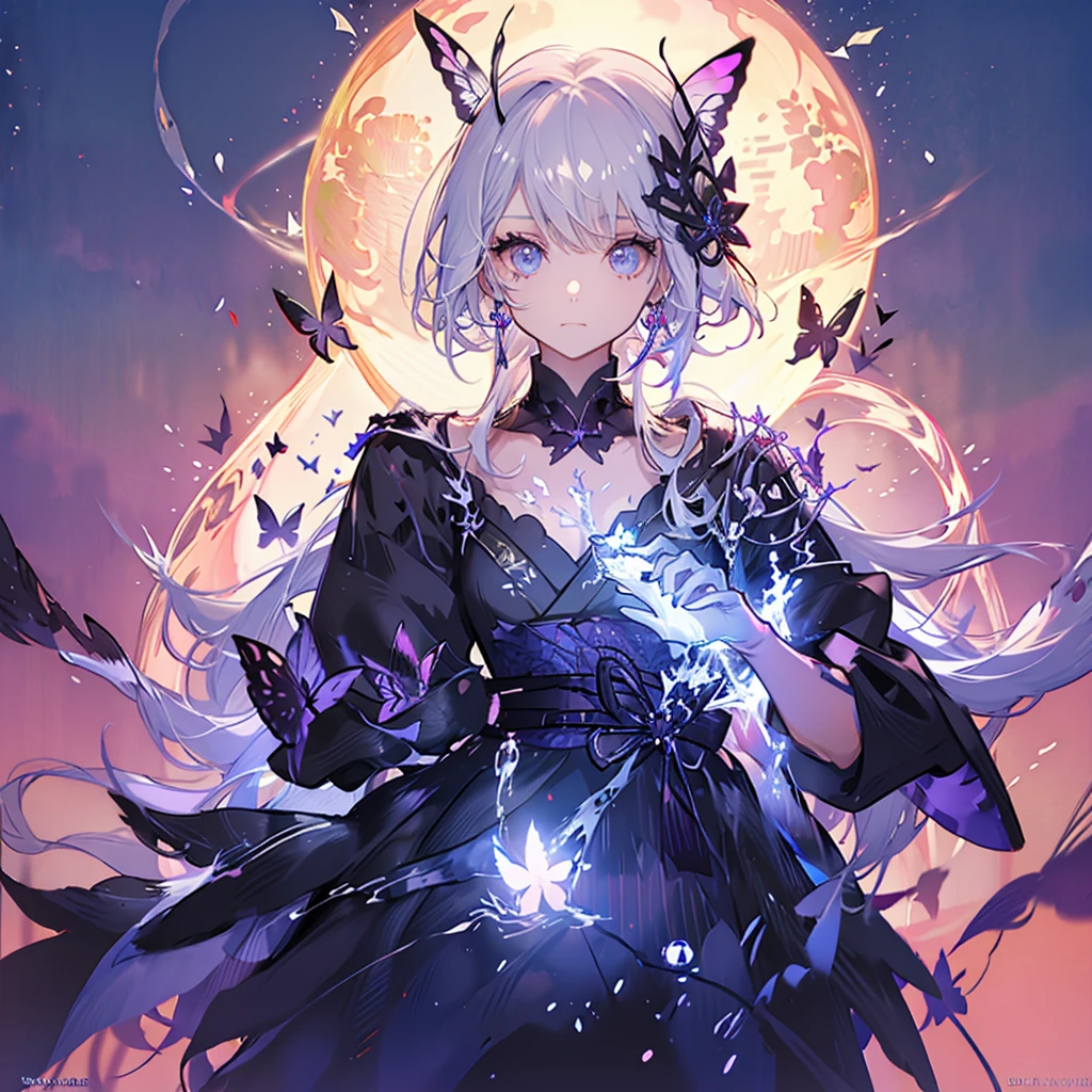 (White heir Shot heir Whole body)
((Girl Have a Japanese Sword))
Death Clothes Dress 
((Grim Reaper A Girl))
(((Black Butterfly On the Hand)))
(Standing on a Rock)
Eyes color Neon Pink
Shiny earrings　Bathed in light  
Fire Aura
(((Big Fullmoon )))
Catch the wind Ligh