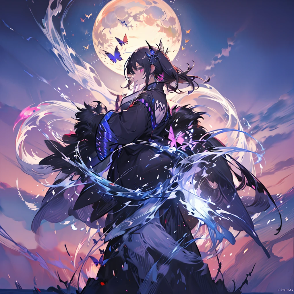 (White heir Shot heir Whole body)
((Girl Have a Japanese Sword))
Death Clothes Dress 
((Grim Reaper A Girl))
(((Black Butterfly On the Hand)))
(Standing on a Rock)
Eyes color Neon Pink
Shiny earrings　Bathed in light  
Fire Aura
(((Big Fullmoon )))
Catch the wind Ligh