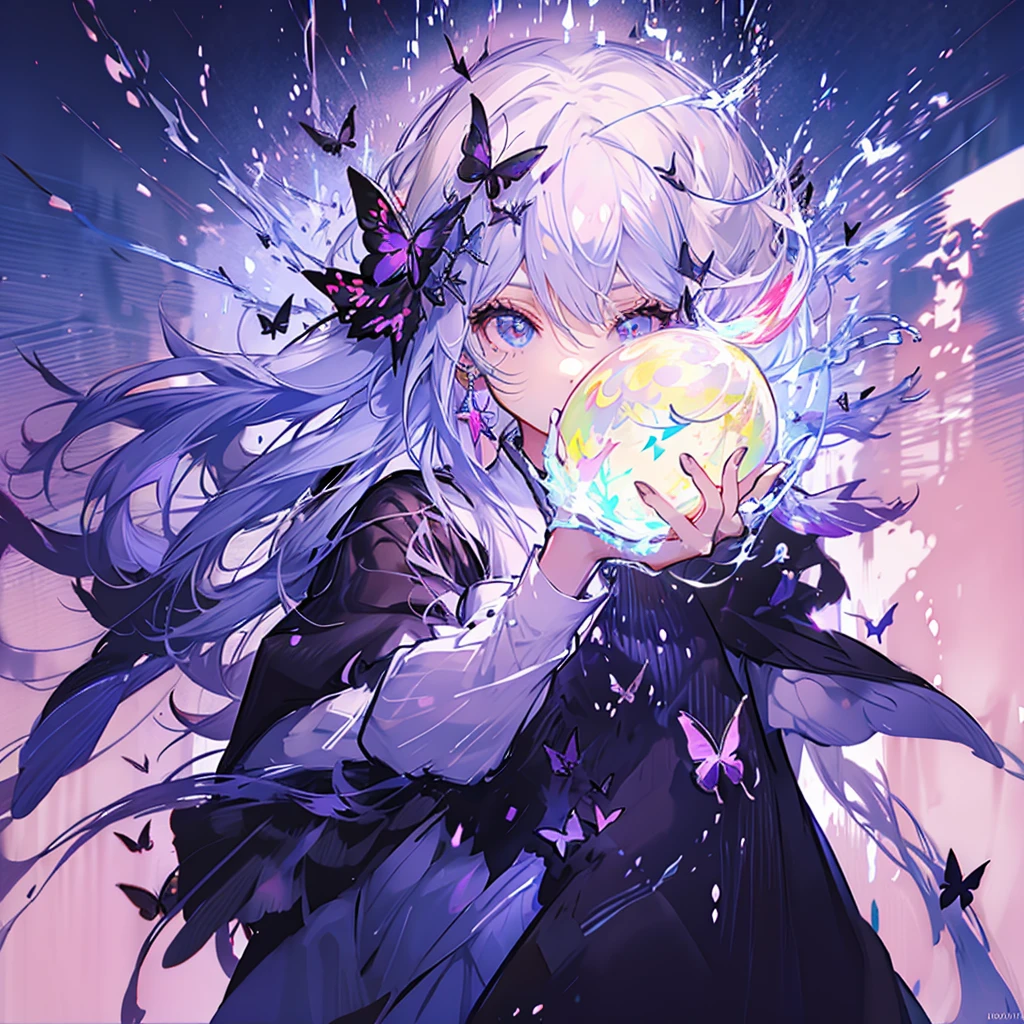 (White heir Shot heir Whole body)
((Girl Have a Japanese Sword))
Death Clothes Dress 
((Grim Reaper A Girl))
(((Black Butterfly On the Hand)))
(Standing on a Rock)
Eyes color Neon Pink
Shiny earrings　Bathed in light  
Fire Aura
(((Big Fullmoon )))
Catch the wind Ligh