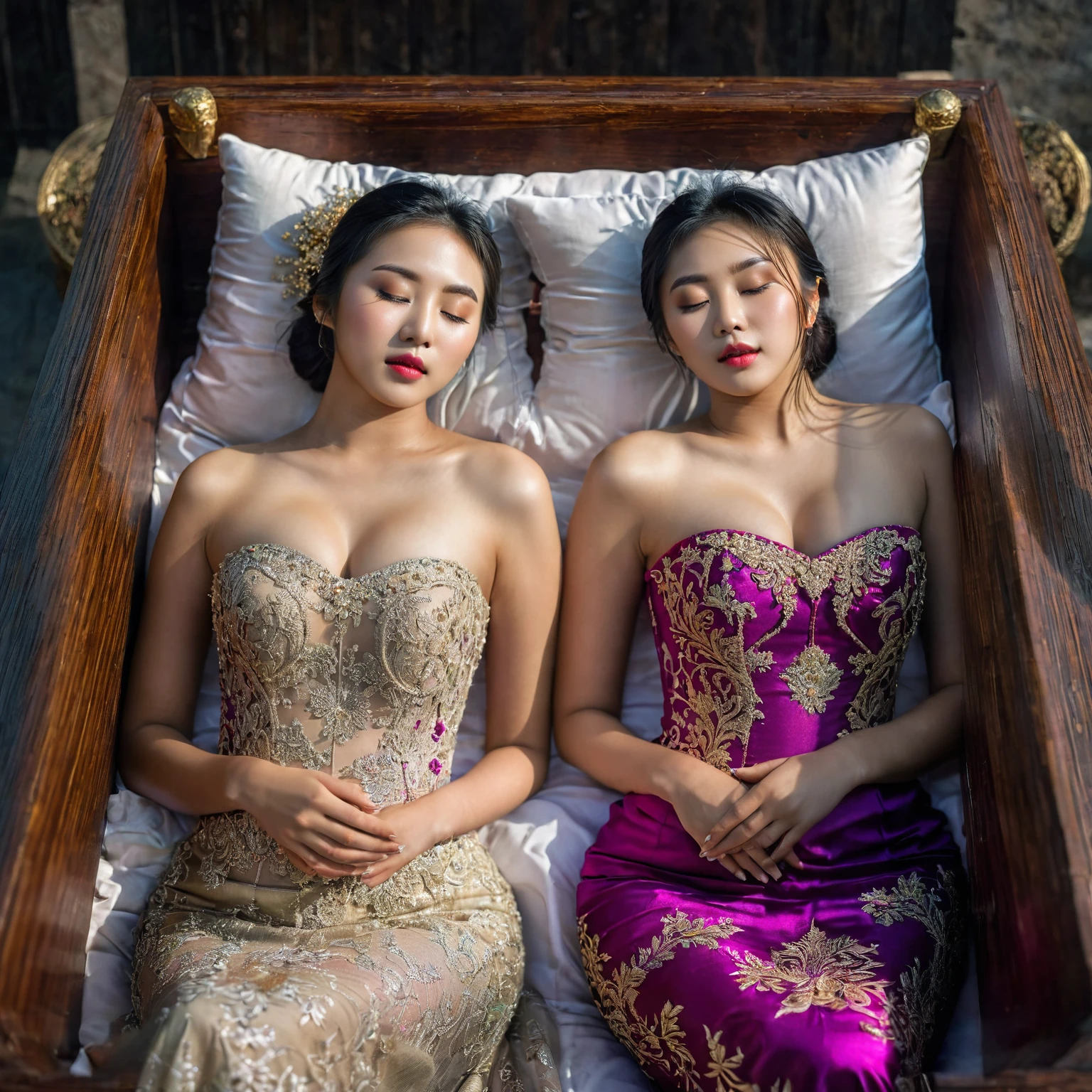 In a striking 8K HDR scene, a stunning Korean woman, 22 years old, lies peacefully in a black coffin surrounded by plush pillows. The deep box is set against a rich black background, accentuating the beauty of the subject. Her exquisite kebaya attire is embroidered with superb detail, showcasing her round and firm breasts, perfect cleavage, and beautiful eyebrows. Her closed eyes and mouth give an air of serenity, while her visible and absolute cleavage leave nothing to imagination. The scene is bathed in saturated colors, highlighting every intricate aspect from the ball skirt to her clean face, straight body, detailed hand perfect hands, straight body, own hands together, own hand on stomach, detailed hands, perfect hands.