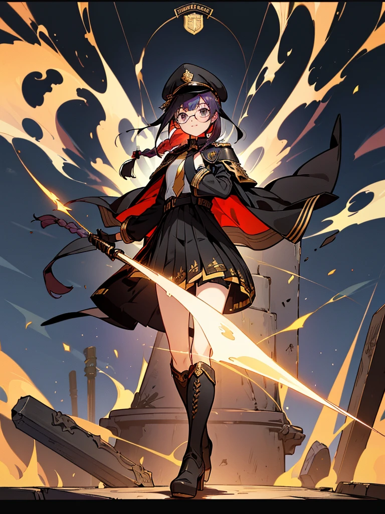 realisitic, City Deserted, Pile of rubble, Brick building, a one woman (1, far away blackw hair, far away slits, Eyes red, glare eyes, Exquisite face, standing (In floor, feet shoulder-width apart), Lolita style military uniform (blackw base, Red Insert, golden decoration, ruffles, wide sleeves, dainty and delicate detailing armors), blackw far away gloves (blackw, Red Insert, golden decoration, small hands, armors), blackw far away gloves, knee high boots (blackw, high-heels, red soles), ha (blackw, golden aba, shield emblem, delicate details), arms in front, Front of belly, Holding military swords with both hands (blackw, golden decoration, delicate detail, Handle at the top, Ground-facing blade, in front of the body, far away), night sky (blackw, stars, Increased flames and smoke) Pale painting style, One Girl, super high quality, Super Detail, Super Detailed image, long hair, looking at viewer, skirt, shirt, Hair Ornament], violet eyes, gloves, round glasses, long sleeves, hat, closed mouth, jacket, violet hair, braid, open clothes, necktie, black gloves, black skirt, uniform, single braid, open jacket, black jacket, black headwear, Bracelet, Peaked cap, black necktie, cropped jacket, military hat, pantyhose, Flat Chest, smile, Black Cape