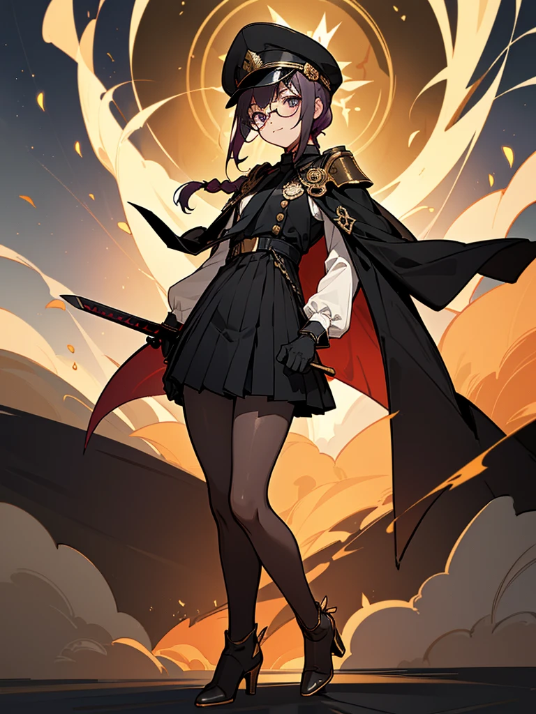 realisitic, City Deserted, Pile of rubble, Brick building, a one woman (1, far away blackw hair, far away slits, Eyes red, glare eyes, Exquisite face, standing (In floor, feet shoulder-width apart), Lolita style military uniform (blackw base, Red Insert, golden decoration, ruffles, wide sleeves, dainty and delicate detailing armors), blackw far away gloves (blackw, Red Insert, golden decoration, small hands, armors), blackw far away gloves, knee high boots (blackw, high-heels, red soles), ha (blackw, golden aba, shield emblem, delicate details), arms in front, Front of belly, Holding military swords with both hands (blackw, golden decoration, delicate detail, Handle at the top, Ground-facing blade, in front of the body, far away), night sky (blackw, stars, Increased flames and smoke) Pale painting style, One Girl, super high quality, Super Detail, Super Detailed image, long hair, looking at viewer, skirt, shirt, Hair Ornament], violet eyes, gloves, round glasses, long sleeves, hat, closed mouth, jacket, violet hair, braid, open clothes, necktie, black gloves, black skirt, uniform, single braid, open jacket, black jacket, black headwear, Bracelet, Peaked cap, black necktie, cropped jacket, military hat, pantyhose, Flat Chest, smile, Black Cape