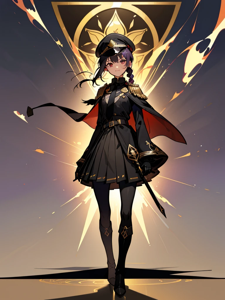 realisitic, City Deserted, Pile of rubble, Brick building, a one woman (1, far away blackw hair, far away slits, Eyes red, glare eyes, Exquisite face, standing (In floor, feet shoulder-width apart), Lolita style military uniform (blackw base, Red Insert, golden decoration, ruffles, wide sleeves, dainty and delicate detailing armors), blackw far away gloves (blackw, Red Insert, golden decoration, small hands, armors), blackw far away gloves, knee high boots (blackw, high-heels, red soles), ha (blackw, golden aba, shield emblem, delicate details), arms in front, Front of belly, Holding military swords with both hands (blackw, golden decoration, delicate detail, Handle at the top, Ground-facing blade, in front of the body, far away), night sky (blackw, stars, Increased flames and smoke) Pale painting style, One Girl, super high quality, Super Detail, Super Detailed image, long hair, looking at viewer, skirt, shirt, Hair Ornament], violet eyes, gloves, round glasses, long sleeves, hat, closed mouth, jacket, violet hair, braid, open clothes, necktie, black gloves, black skirt, uniform, single braid, open jacket, black jacket, black headwear, Bracelet, Peaked cap, black necktie, cropped jacket, military hat, pantyhose, Flat Chest, smile, Black Cape