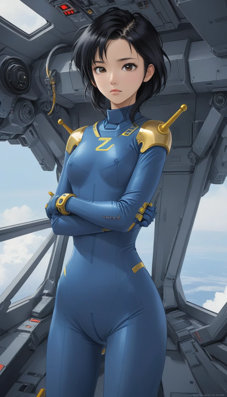 1 Girl、Medium Bust、solo、Black Hair、Braid、Mobile Race Suit、Shoulder Armor、ceiling、Wide Shot、Looking Ahead、Arms crossed、Closed Mouth、Highest quality、medium quality、22 years old、Mobile Trace System、cockpit、Asian、