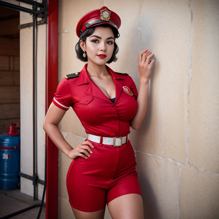 Retro Cam. HANDE ERcEL, fire station, firefighter uniform , pin-up, vintage, 2, perfect body, 40's, perspective, half body detail, sharp focus, light mix, detail, 50's, (high skin detail: 1,2), 8k hd, Wallpaper, DSLR, Luz outfit, high quality, Fujifilm XT3 Grainy Films.