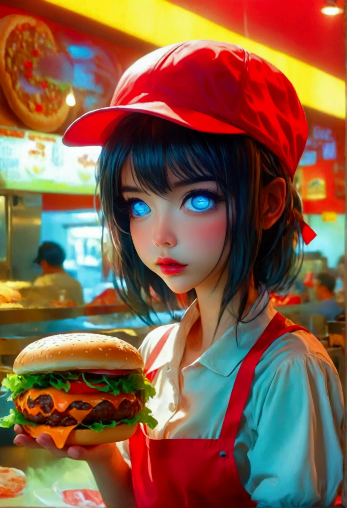 Lovely (, Neon backlit eyes, Obvious mechanical joints, Aprons and hats, nude) An employee of the Puny Humans fast food restaura...