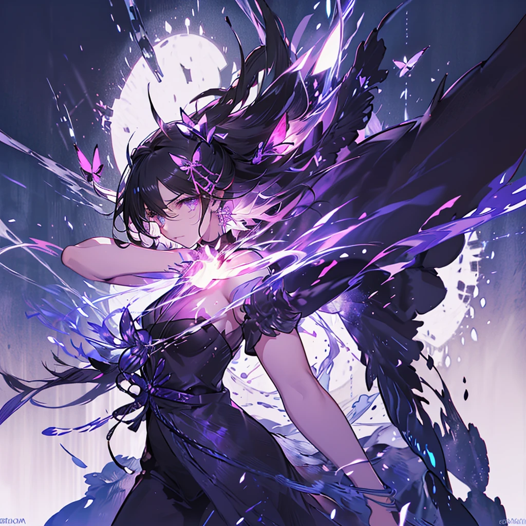 (White heir Shot heir Whole body)
((Girl Have a Japanese Sword))
Death Clothes Dress 
((Grim Reaper A Girl))
(((Black Butterfly On the Hand)))
(Standing on a Rock)
Eyes color Neon Pink
Shiny earrings　Bathed in light  
Fire Aura
Catch the wind Ligh