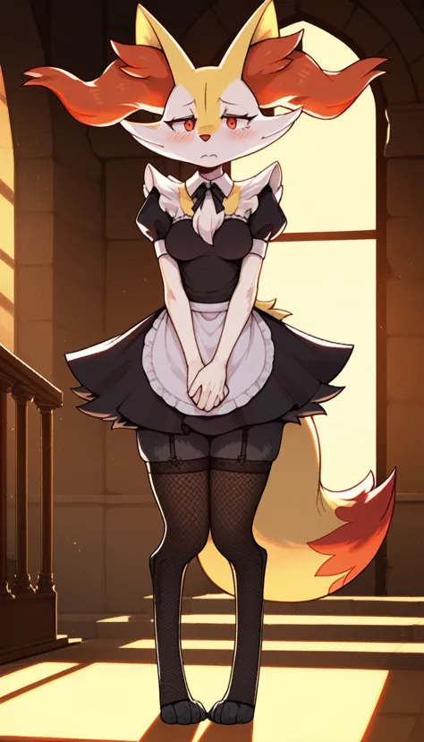 1girl, anthro, furry, fur, fluffy fur, braixen girl, red eyes, full body, (19 years), medium breast, thicc thighs, solo, (mansio...