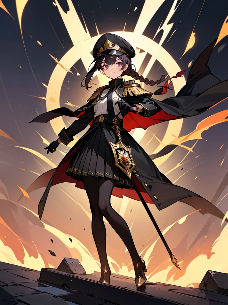 realisitic, City Deserted, Pile of rubble, Brick building, a one woman (1, far away blackw hair, far away slits, Eyes red, glare eyes, Exquisite face, standing (In floor, feet shoulder-width apart), Lolita style military uniform (blackw base, Red Insert, golden decoration, ruffles, wide sleeves, dainty and delicate detailing armors), blackw far away gloves (blackw, Red Insert, golden decoration, small hands, armors), blackw far away gloves, knee high boots (blackw, high-heels, red soles), ha (blackw, golden aba, shield emblem, delicate details), arms in front, Front of belly, Holding military swords with both hands (blackw, golden decoration, delicate detail, Handle at the top, Ground-facing blade, in front of the body, far away), night sky (blackw, stars, Increased flames and smoke) Pale painting style, One Girl, super high quality, Super Detail, Super Detailed image, long hair, looking at viewer, skirt, shirt, Hair Ornament], violet eyes, gloves, round glasses, long sleeves, hat, closed mouth, jacket, violet hair, braid, open clothes, necktie, black gloves, black skirt, uniform, single braid, open jacket, black jacket, black headwear, Bracelet, Peaked cap, black necktie, cropped jacket, military hat, pantyhose, Flat Chest, smile, Black Cape