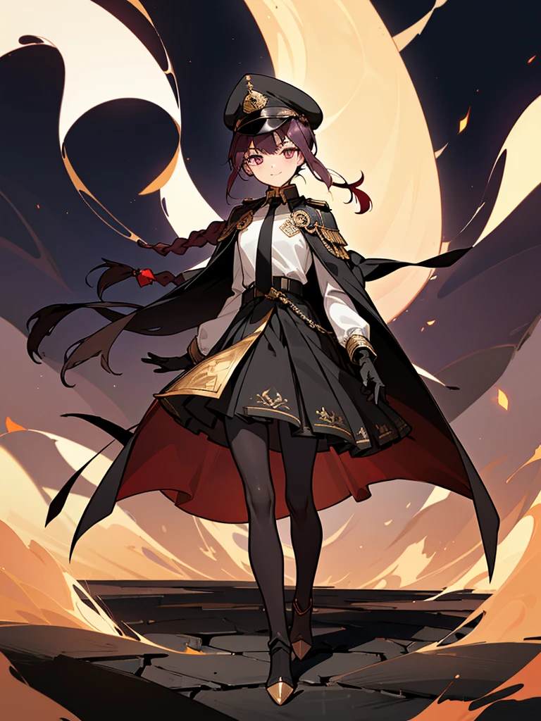 realisitic, City Deserted, Pile of rubble, Brick building, a one woman (1, far away blackw hair, far away slits, Eyes red, glare eyes, Exquisite face, standing (In floor, feet shoulder-width apart), Lolita style military uniform (blackw base, Red Insert, golden decoration, ruffles, wide sleeves, dainty and delicate detailing armors), blackw far away gloves (blackw, Red Insert, golden decoration, small hands, armors), blackw far away gloves, knee high boots (blackw, high-heels, red soles), ha (blackw, golden aba, shield emblem, delicate details), arms in front, Front of belly, Holding military swords with both hands (blackw, golden decoration, delicate detail, Handle at the top, Ground-facing blade, in front of the body, far away), night sky (blackw, stars, Increased flames and smoke) Pale painting style, One Girl, super high quality, Super Detail, Super Detailed image, long hair, looking at viewer, skirt, shirt, Hair Ornament], violet eyes, gloves, round glasses, long sleeves, hat, closed mouth, jacket, violet hair, braid, open clothes, necktie, black gloves, black skirt, uniform, single braid, open jacket, black jacket, black headwear, Bracelet, Peaked cap, black necktie, cropped jacket, military hat, pantyhose, Flat Chest, smile, Black Cape