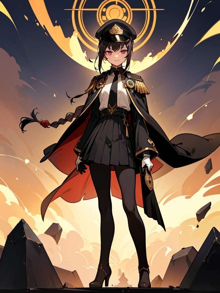 realisitic, City Deserted, Pile of rubble, Brick building, a one woman (1, far away blackw hair, far away slits, Eyes red, glare eyes, Exquisite face, standing (In floor, feet shoulder-width apart), Lolita style military uniform (blackw base, Red Insert, golden decoration, ruffles, wide sleeves, dainty and delicate detailing armors), blackw far away gloves (blackw, Red Insert, golden decoration, small hands, armors), blackw far away gloves, knee high boots (blackw, high-heels, red soles), ha (blackw, golden aba, shield emblem, delicate details), arms in front, Front of belly, Holding military swords with both hands (blackw, golden decoration, delicate detail, Handle at the top, Ground-facing blade, in front of the body, far away), night sky (blackw, stars, Increased flames and smoke) Pale painting style, One Girl, super high quality, Super Detail, Super Detailed image, long hair, looking at viewer, skirt, shirt, Hair Ornament], violet eyes, gloves, round glasses, long sleeves, hat, closed mouth, jacket, violet hair, braid, open clothes, necktie, black gloves, black skirt, uniform, single braid, open jacket, black jacket, black headwear, Bracelet, Peaked cap, black necktie, cropped jacket, military hat, pantyhose, Flat Chest, smile, Black Cape