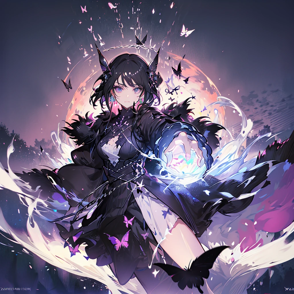 (White heir Shot heir Whole body)
((Girl Have a Sword))
Death Clothes Dress 
((Grim Reaper A Girl))
(((Black Butterfly On the Hand)))
Eyes color Neon Pink
Shiny earrings　Bathed in light  
Fire Aura
Catch the wind Ligh