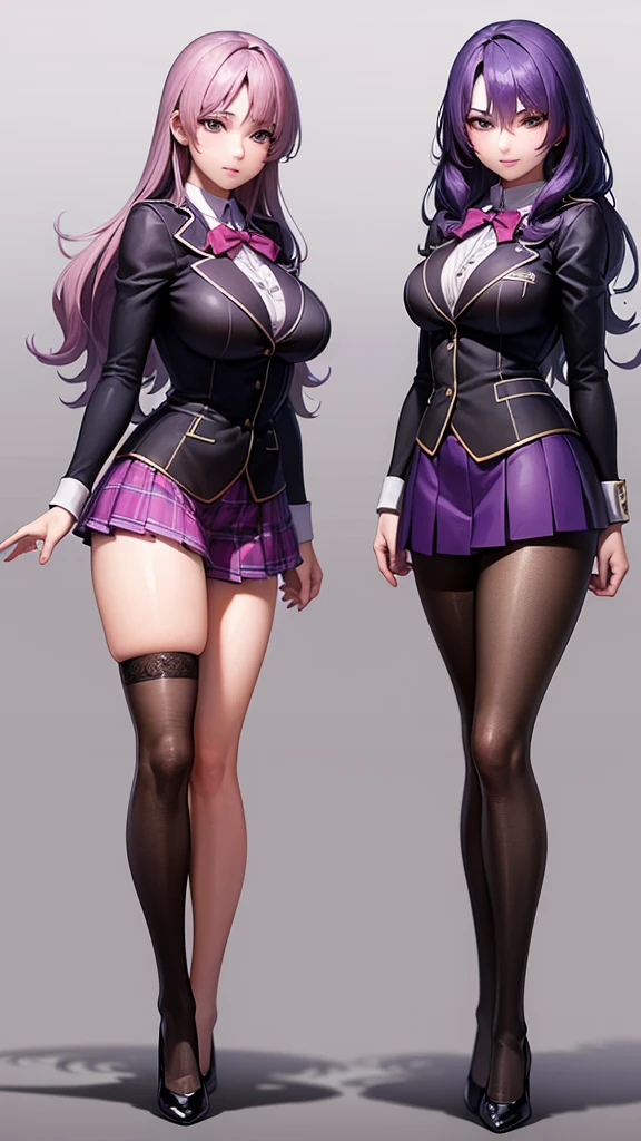 a 傑作 of two  girls with curly purple hair, ヘーゼル色の目, セクシーなレースのアクセントが付いた制服も, リボン, 虹色のショートスカート, 白いサイハイソックスと黒いハイヒールを履いている, 真剣な表情で一緒にポーズをとる, フラットカラーの背景, 全身, 非常に詳細な, (最高品質,4k,8K,高解像度,傑作:1.2),非常に詳細な,(現実的,photo現実的,photo-現実的:1.37)