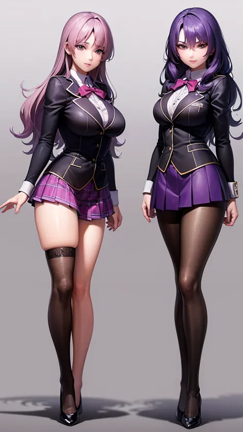 a masterpiece of two  girls with curly purple hair, hazel eyes, and matching school uniforms with sexy lace accents, ribbons, an...