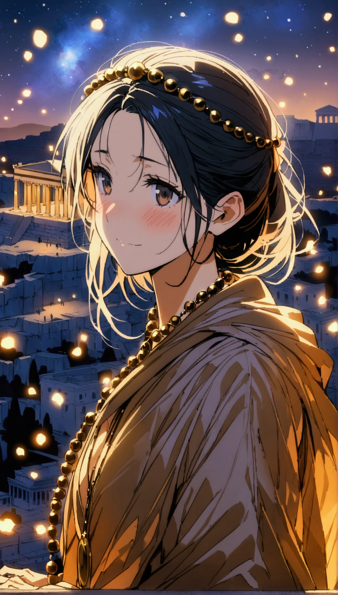 Sasha,Sadhu robe,rosary beads around neck,Solitary,Looking at the audience,A faint smile,faint blush,whole body, Super Detail, Greek Acropolis, Night sky with nebula, {best quality}, {{masterpiece}}, {high resolution}, Extremely meticulous girl, Solitary,(Detailed background)