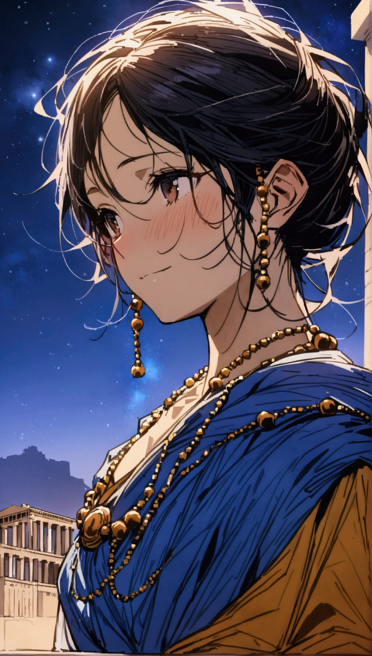 Sasha,Sadhu robe,rosary beads around neck,Solitary,Looking at the audience,A faint smile,faint blush,whole body, Super Detail, Greek Acropolis, Night sky with nebula, {best quality}, {{masterpiece}}, {high resolution}, Extremely meticulous girl, Solitary,(Detailed background)