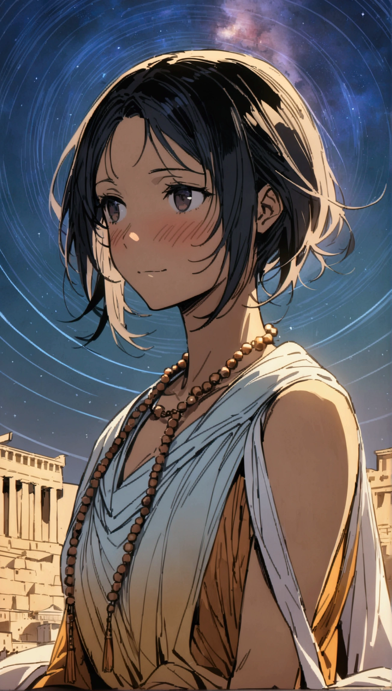 Sasha,Sadhu robe,rosary beads around neck,Solitary,Looking at the audience,A faint smile,faint blush,whole body, Super Detail, Greek Acropolis, Night sky with nebula, {best quality}, {{masterpiece}}, {high resolution}, Extremely meticulous girl, Solitary,(Detailed background)