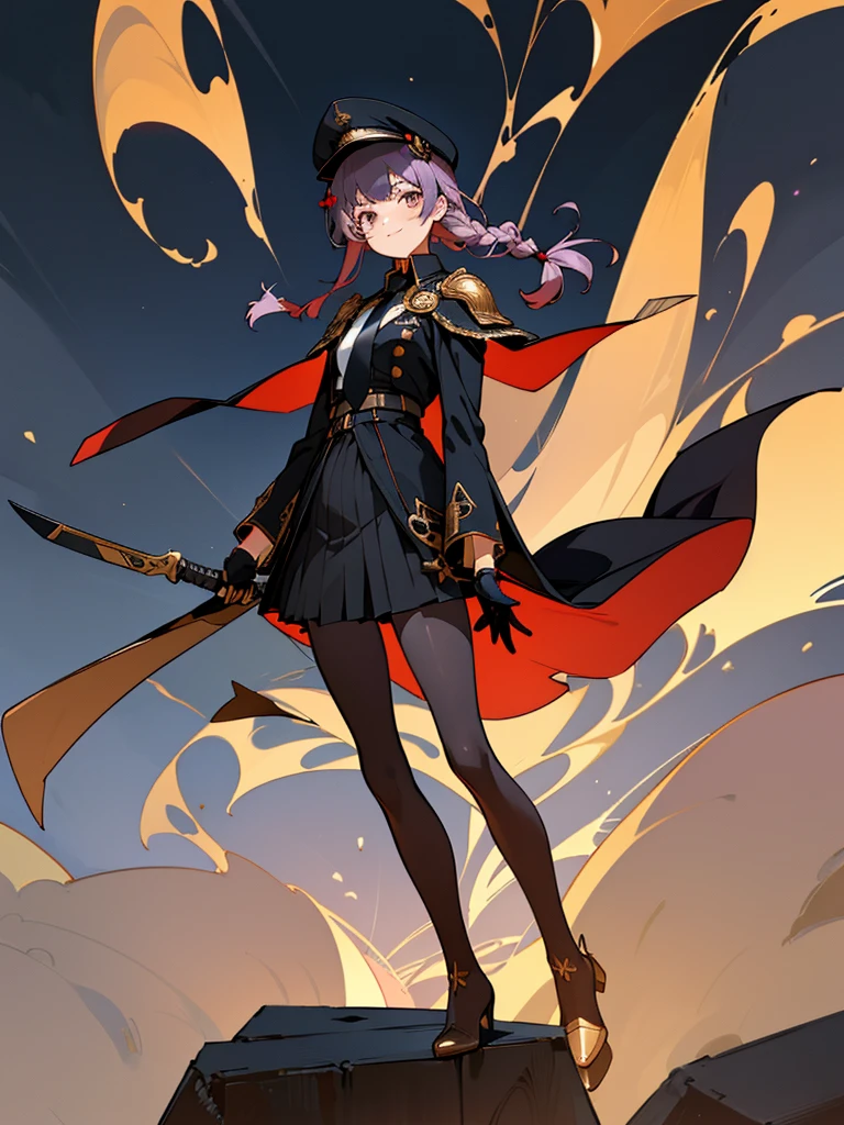 realisitic, City Deserted, Pile of rubble, Brick building, a one woman (1, far away blackw hair, far away slits, Eyes red, glare eyes, Exquisite face, standing (In floor, feet shoulder-width apart), Lolita style military uniform (blackw base, Red Insert, golden decoration, ruffles, wide sleeves, dainty and delicate detailing armors), blackw far away gloves (blackw, Red Insert, golden decoration, small hands, armors), blackw far away gloves, knee high boots (blackw, high-heels, red soles), ha (blackw, golden aba, shield emblem, delicate details), arms in front, Front of belly, Holding military swords with both hands (blackw, golden decoration, delicate detail, Handle at the top, Ground-facing blade, in front of the body, far away), night sky (blackw, stars, Increased flames and smoke) Pale painting style, One Girl, super high quality, Super Detail, Super Detailed image, long hair, looking at viewer, skirt, shirt, Hair Ornament], violet eyes, gloves, round glasses, long sleeves, hat, closed mouth, jacket, violet hair, braid, open clothes, necktie, black gloves, black skirt, uniform, single braid, open jacket, black jacket, black headwear, Bracelet, Peaked cap, black necktie, cropped jacket, military hat, pantyhose, Flat Chest, smile, Black Cape