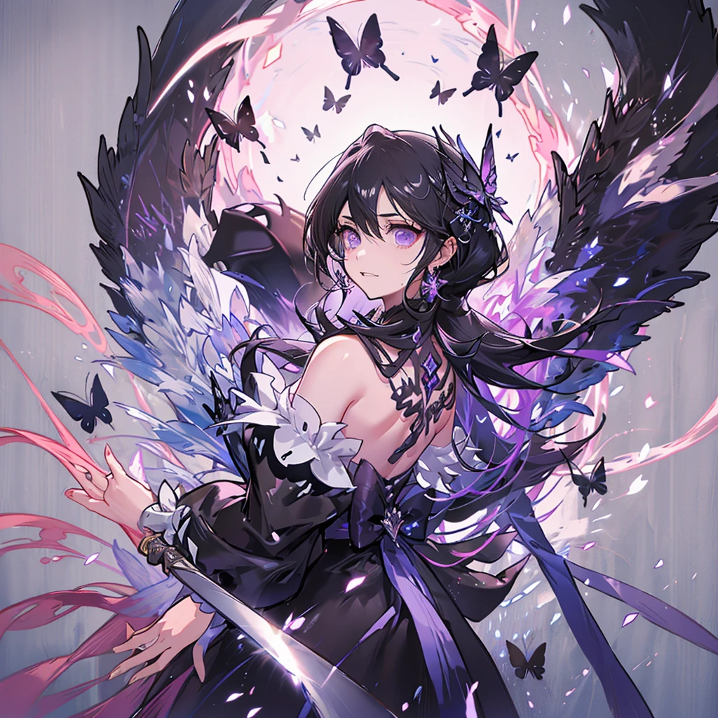 (White heir Shot heir Whole body)
((Girl Have a Sword))
Death Clothes Dress 
((Grim Reaper A Girl))
(((Black Butterfly On the Hand)))
Eyes color Neon Pink
Shiny earrings　Bathed in light  
Fire Aura
Catch the wind Ligh