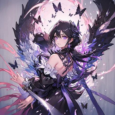 (white heir shot heir whole body)
((girl have a sword))
death clothes dress 
((grim reaper a girl))
(((black butterfly on the ha...