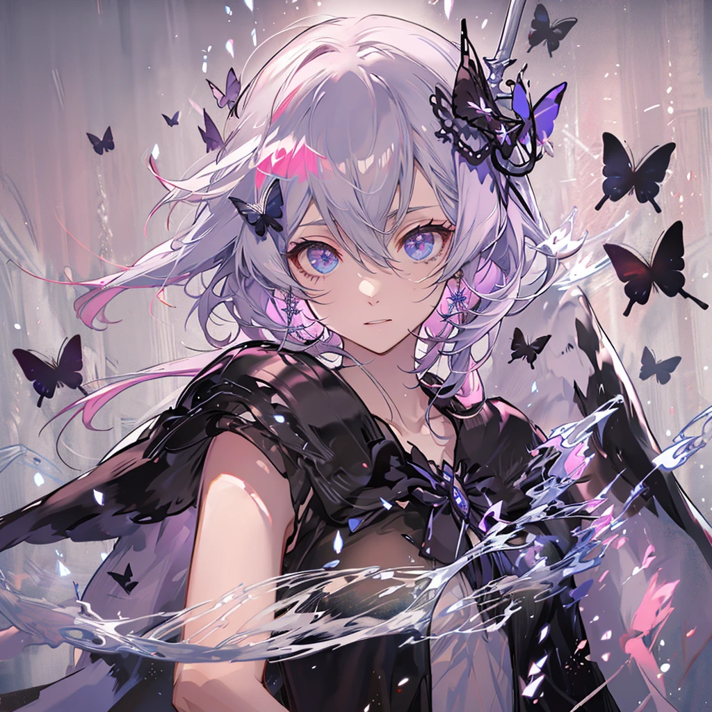 (White heir Shot heir Whole body)
((Girl Have a Sword))
Death Clothes Dress 
((Grim Reaper A Girl))
(((Black Butterfly On the Hand)))
Eyes color Neon Pink
Shiny earrings　Bathed in light  
Fire Aura
Catch the wind Ligh