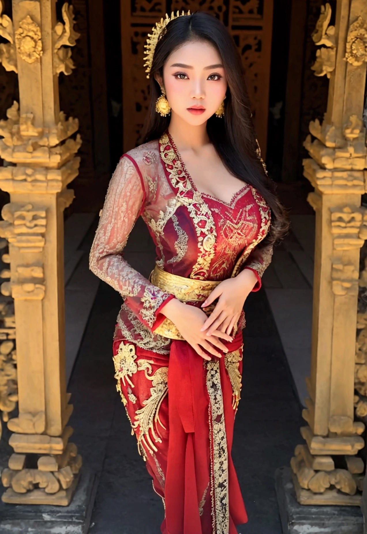 masterpiece, malaysian girl, indonesian girl ,ultra realistic,32k,intricate details, sharp focus, realistic, closed, seductive pose, black eyes, jewelr, lips, realistic, looking_at_viewer, wet skin, shiny skin, SHORT SLEVES, indonesian clothes, bali, balinese, cityscape, transparent standing pose,(( red kebaya)),perfect breast, big breast, full body,busty body,curvy body,long hair,beauty face,cowboy shot,