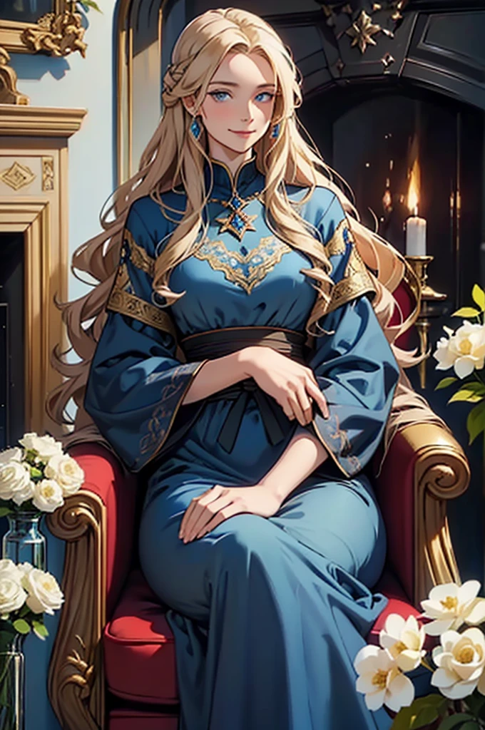 30 year old woman, with defined facial features, shy smile, long curly hair, pale gold color, blue eyes, wearing a dark red medieval nobility dress, sitting in a brown armchair, with hands in lap, oil painting, above a fireplace, vases with white flowers, petrol blue color background