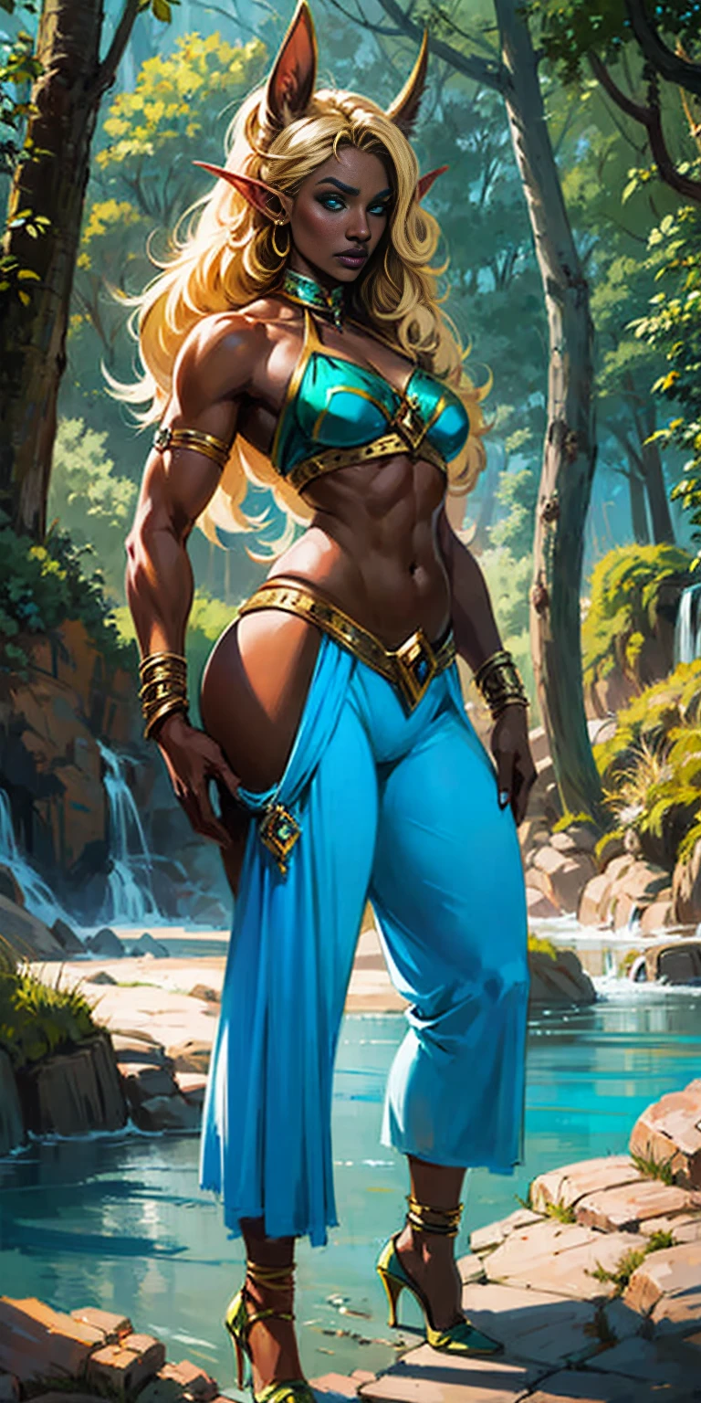 Extremely detailed Artgerm style: This sets the overall artistic style with a high level of detail. Fantasy art: This specifies the genre. Goddess of the green forest: This defines the character's role and gives context to the setting. Woman with long, elf ears: This incorporates the elf features. Black skin: This specifies the character's race. Ornate bikini armor: This combines the skimpy clothing with a fantastical, protective element. Blue high heels standing straight symmetrical: This suggests the color of the bikini and potentially the water body. Long, messy blonde hair: This adds a detail that contrasts the Artgerm style, which is typically more polished for hair.