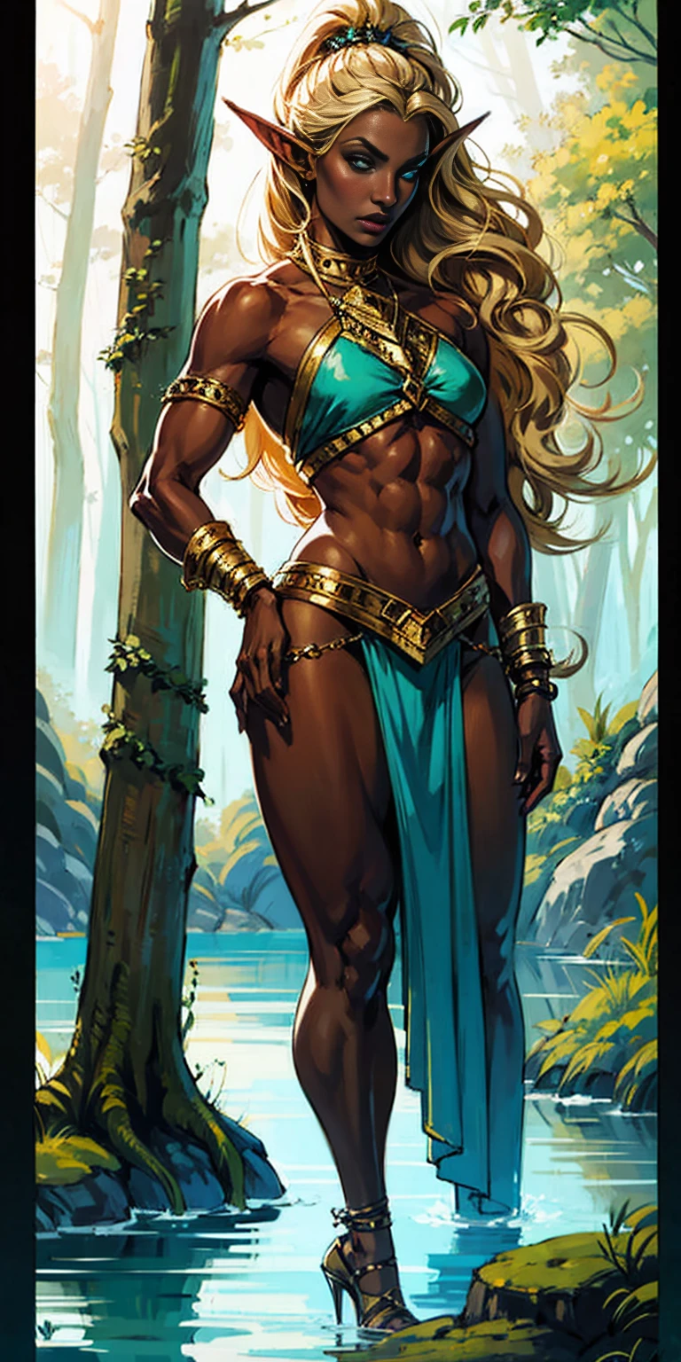 Extremely detailed Artgerm style: This sets the overall artistic style with a high level of detail. Fantasy art: This specifies the genre. Goddess of the green forest: This defines the character's role and gives context to the setting. Woman with long, elf ears: This incorporates the elf features. Black skin: This specifies the character's race. Ornate bikini armor: This combines the skimpy clothing with a fantastical, protective element. Blue high heels standing straight symmetrical: This suggests the color of the bikini and potentially the water body. Long, messy blonde hair: This adds a detail that contrasts the Artgerm style, which is typically more polished for hair.