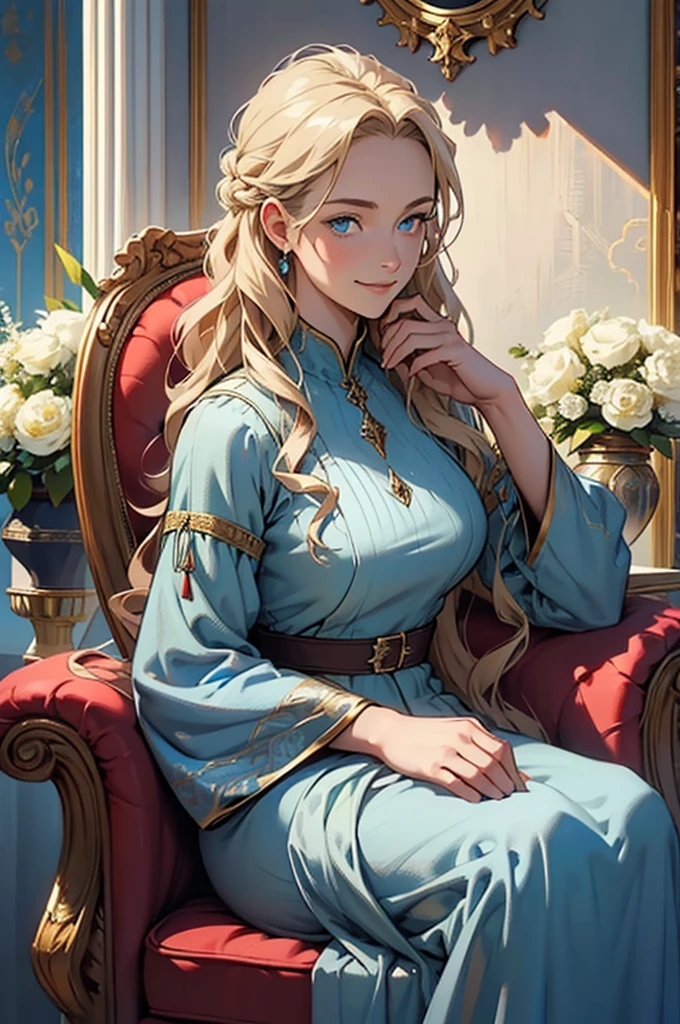 30 year old woman, with defined facial features, shy smile, clear skin, long curly hair, pale gold color, blue eyes, wearing a dark red medieval nobility dress, sitting in a brown armchair, with hands in lap, oil painting, above a fireplace, vases with white flowers, petrol blue color background