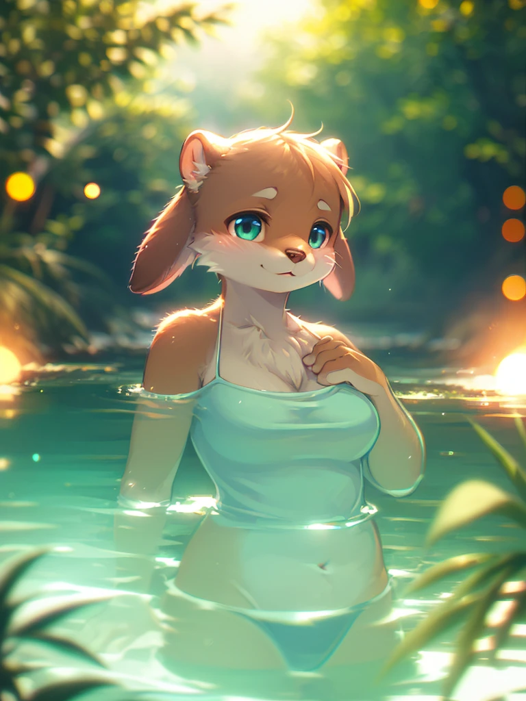 (Sumilux f1.4 75mm , low Latitude old color negative film , cross process , bokeh, flare, chromatic aberration , soft focus, (Shallow focus) , soft glow , Maximum aperture, High Key , Transparent depiction) , Mature female otter , Playing in the river