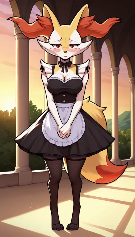 1girl, anthro, furry, fur, fluffy fur, braixen girl, red eyes, full body, (19 years), big breast, thicc thighs, solo, (mansion),...