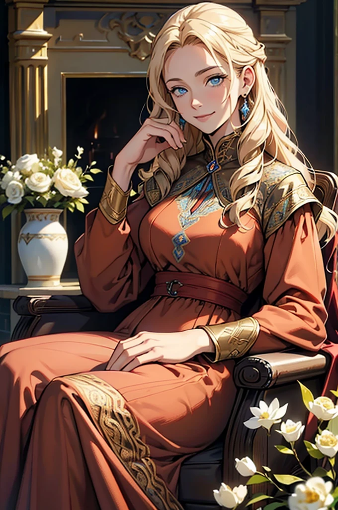 35 year old woman, with defined facial features, shy smile, clear skin, long curly hair, pale gold color, blue eyes, wearing a dark red medieval nobility dress, sitting in a brown armchair, with hands in lap, oil painting, above a fireplace, vases with white flowers, petrol blue color background