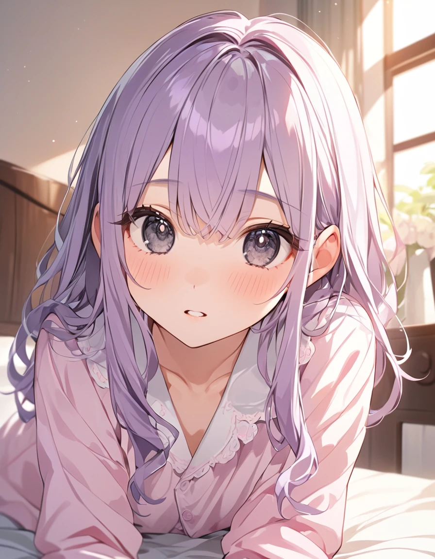 (Highest qualityのイラスト:1.2), (cute女の子:1.1), (1 girl、17 years old、Highest qualityのイラスト:1.2), (slightly bigger eyes、Glass eyes、Black eyes)、Light purple hair、Half hair -long、teen、(Highest quality、Very detailed、cute、Very high resolution) 、Morning in the bedroom、Moving on all fours、Close up、In pajamas