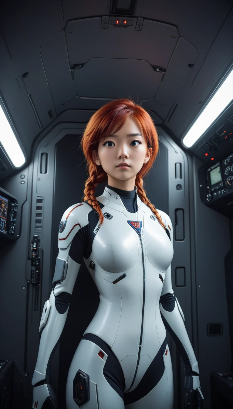 1 Girl、Medium Bust、solo、red Hair、Braid、Mobile Race Suit、Shoulder Armor、ceiling、Wide Shot、Looking Ahead、Arms zipup 、Closed Mouth、Highest quality、medium quality、22 years old、Mobile Trace System、cockpit、Asian、