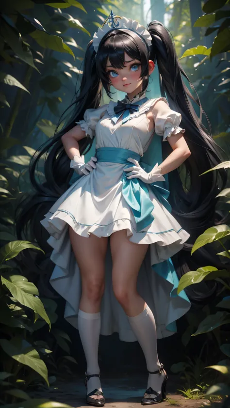 cute small girl atomically correct whole body in a white dress with long black hair and blue eyes, Hestia, twintails, white glov...