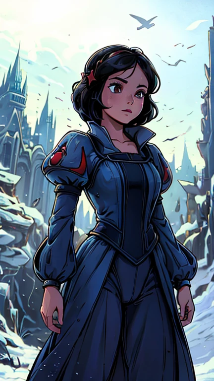 (Teens:1girl: Snow White,Star Wars), (extremely detailed CG unit 8k wallpaper),(master part), (best quality), (ultra detali), (best illustration),(melhor ombre), cowboy shot, (Sharp eyeliner, ombre, detailedeyes:1), Disney Castle background, ,break , (star15escola:1.2), hair ornament,short hair ,black hair, Cameltoe