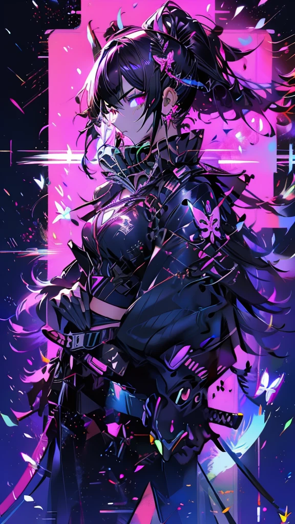 (White heir Shot heir Whole body)
((Girl Have a Sword))
Death Clothes Dress 
((Grim Reaper A Girl))
(((Black Butterfly On the Hand)))
Eyes color Neon Pink
Shiny earrings　Bathed in light  
Fire Aura
Catch the wind Ligh