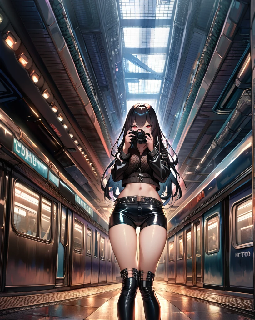 Cynthia , sexy goth girl, hot pants, leather clothing, metro scenery, highly detailed, HDR, DSLR