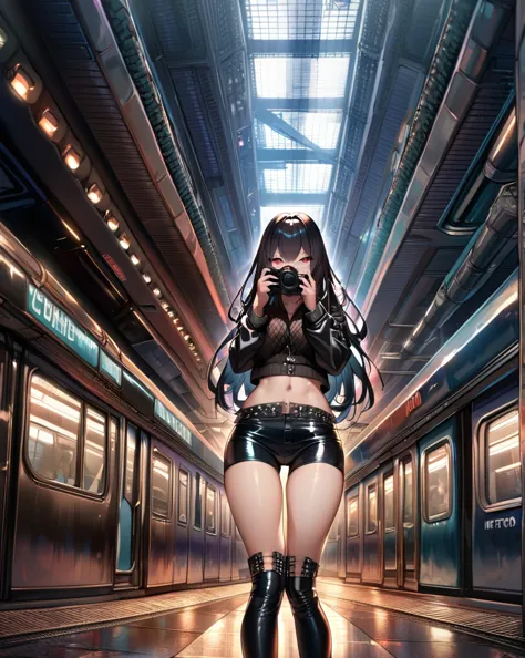 cynthia , sexy goth girl, hot pants, leather clothing, metro scenery, highly detailed, hdr, dslr